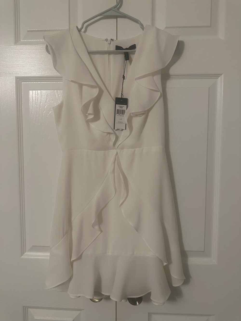 BCBGMaxAzria White Ruffle V-Neck Mini Dress